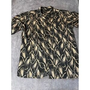 Bobby Chan Mens Large 100% Silk Wheat Print Short Sleeve Button Down Shirt Black